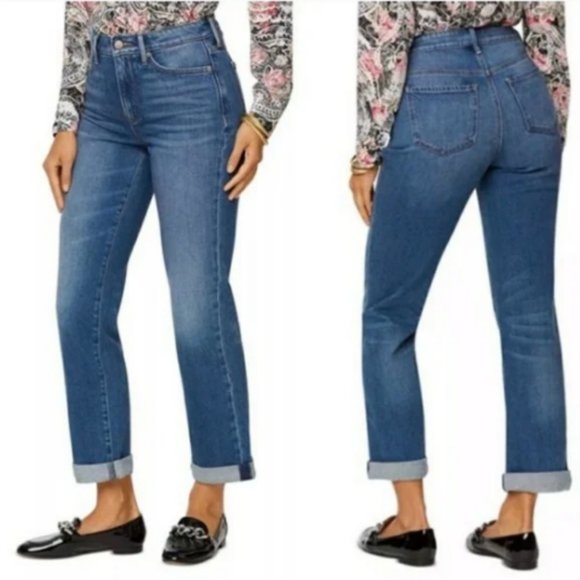 NWT NYDJ High Rise Roll Cuff Straight Leg White Denim Jeans - Picture 14 of 15